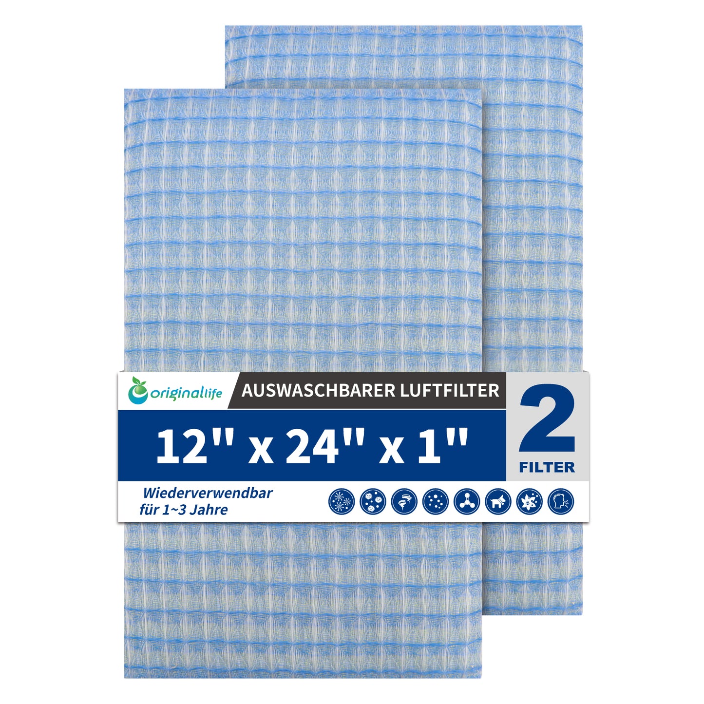 Originallife Waschbarer, wiederverwendbarer HVAC | AC | Klimaanlagen | Ofenluftfilter-Ersatz MERV 8, 2er-Pack