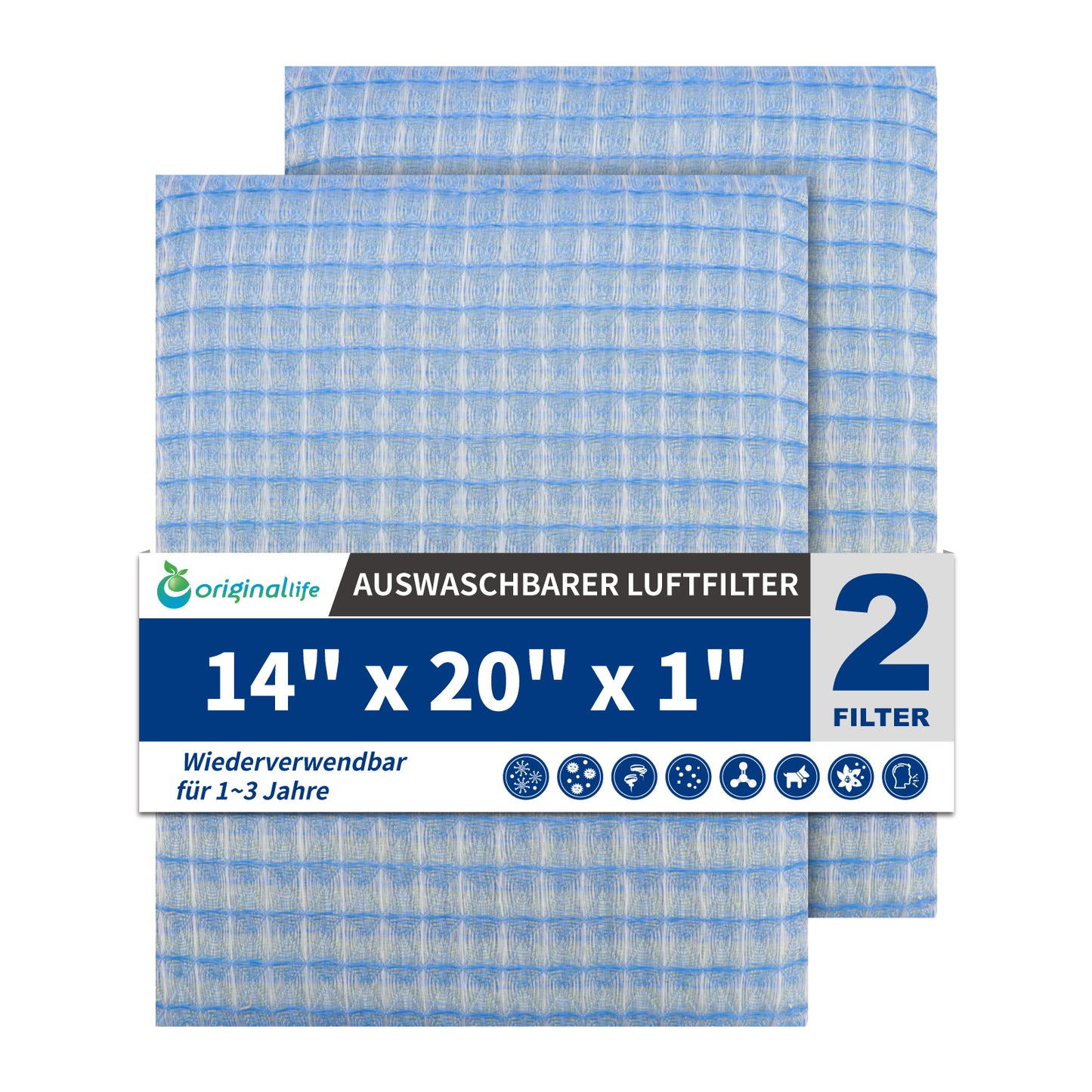 Originallife Waschbarer, wiederverwendbarer HVAC | AC | Klimaanlagen | Ofenluftfilter-Ersatz MERV 8, 2er-Pack