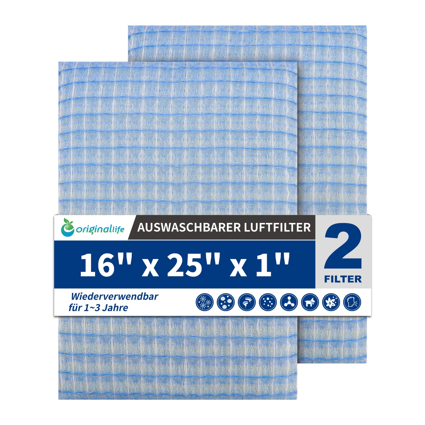 Originallife Waschbarer, wiederverwendbarer HVAC | AC | Klimaanlagen | Ofenluftfilter-Ersatz MERV 8, 2er-Pack