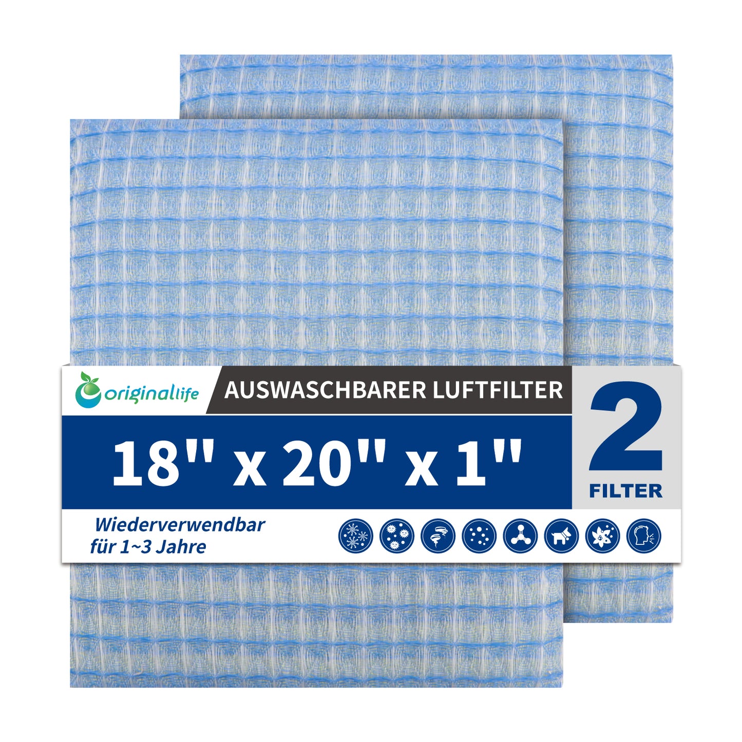 Originallife Waschbarer, wiederverwendbarer HVAC | AC | Klimaanlagen | Ofenluftfilter-Ersatz MERV 8, 2er-Pack