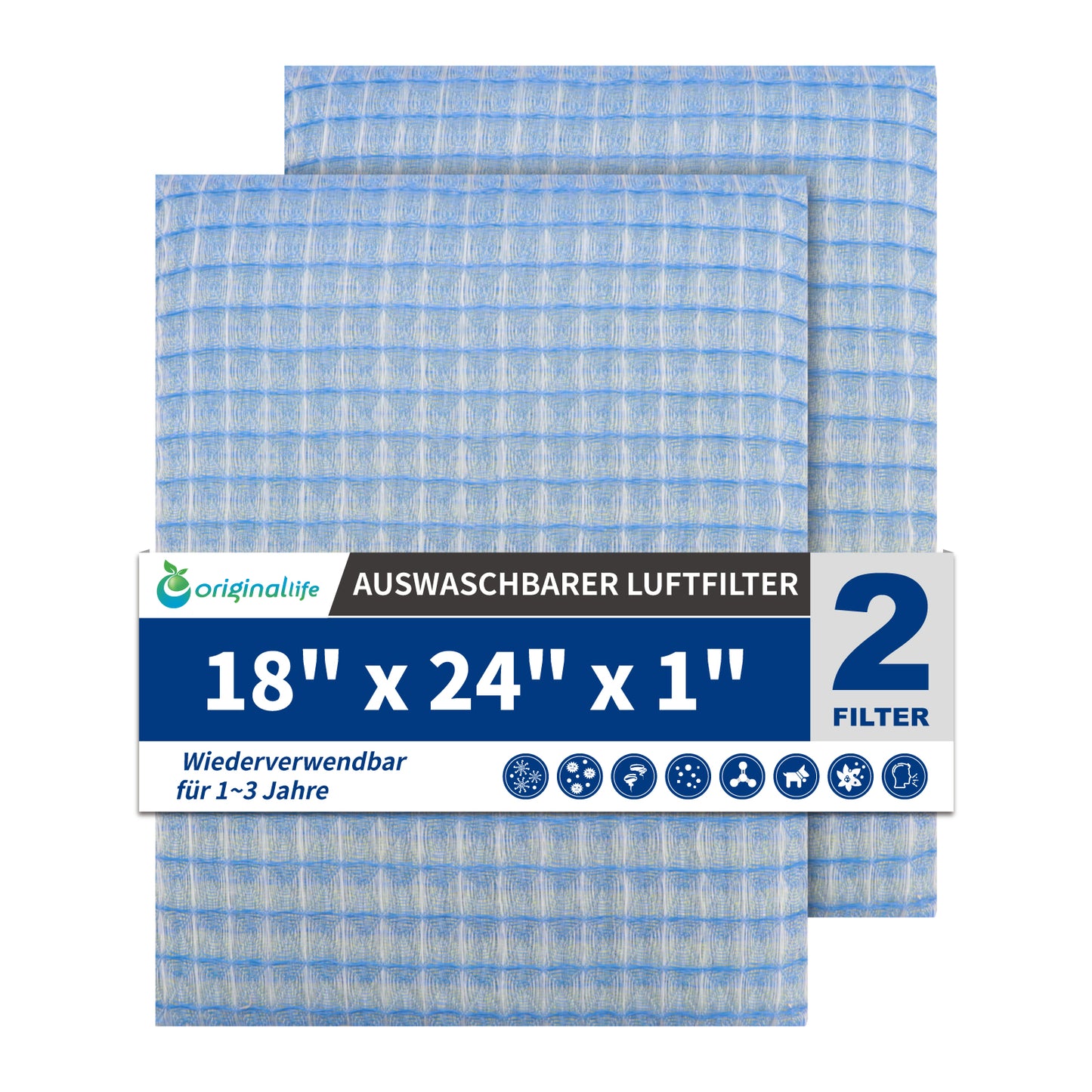 Originallife Waschbarer, wiederverwendbarer HVAC | AC | Klimaanlagen | Ofenluftfilter-Ersatz MERV 8, 2er-Pack