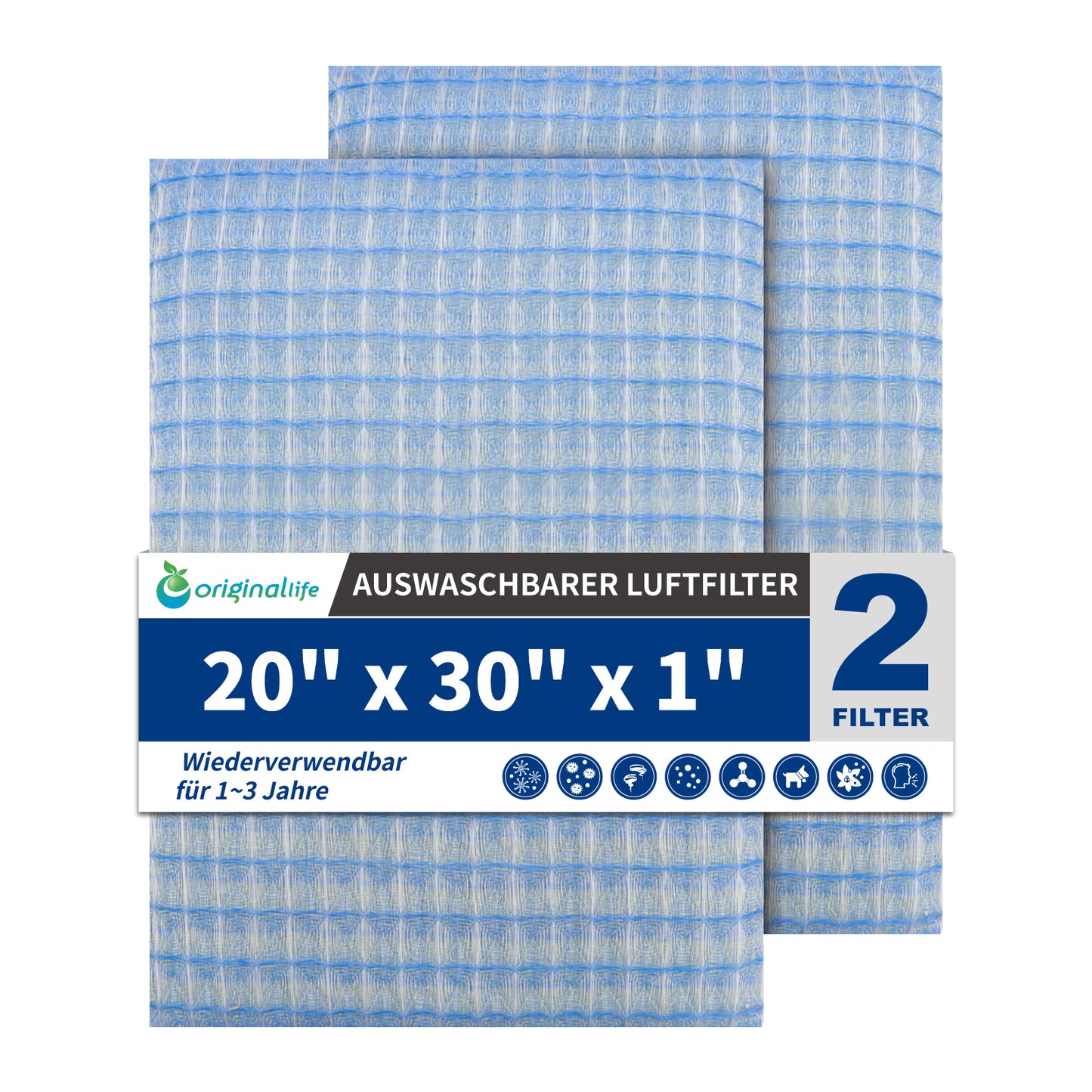Originallife Waschbarer, wiederverwendbarer HVAC | AC | Klimaanlagen | Ofenluftfilter-Ersatz MERV 8, 2er-Pack