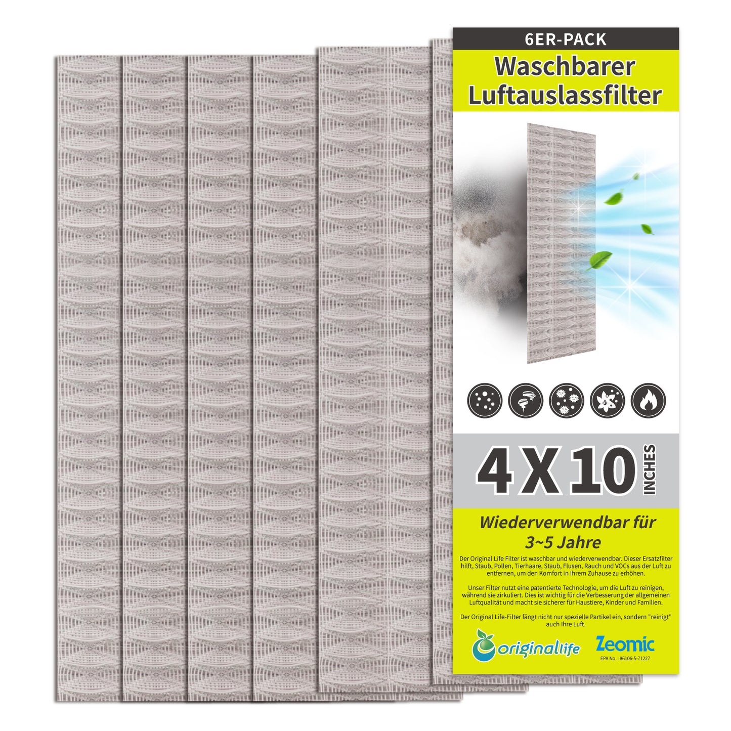 Originallife waschbar wiederverwendbare professionelle, Air Vent Filter, AC Vent Filter, Boden Register Filter für Haus (grau), reduzieren Staub, Schmutz, Geruch, Pollen,Tierhaare, Aero-Grade-Filter, 6-Pack