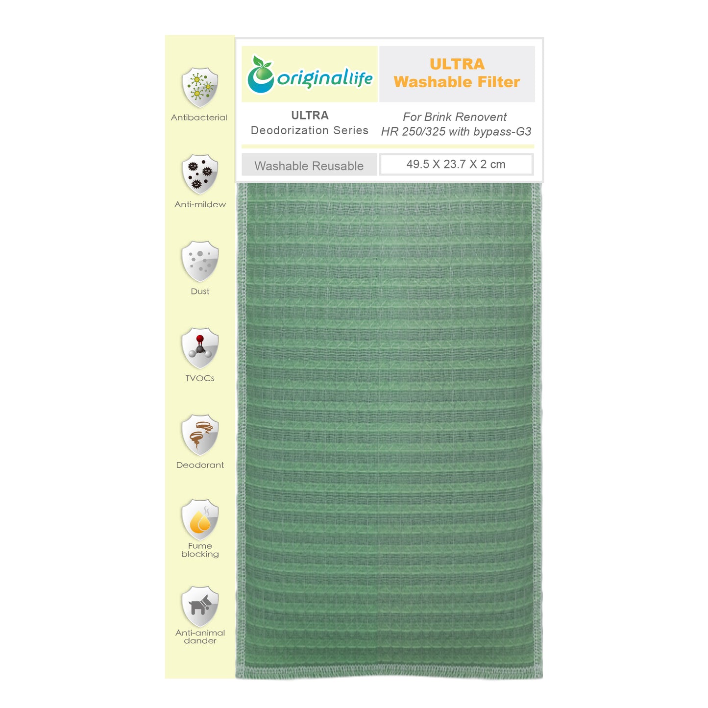 Originallife ULTRA (Grün) - Waschbarer Filter für Brink Renovent HR 250 / 325 mit bypass - G3