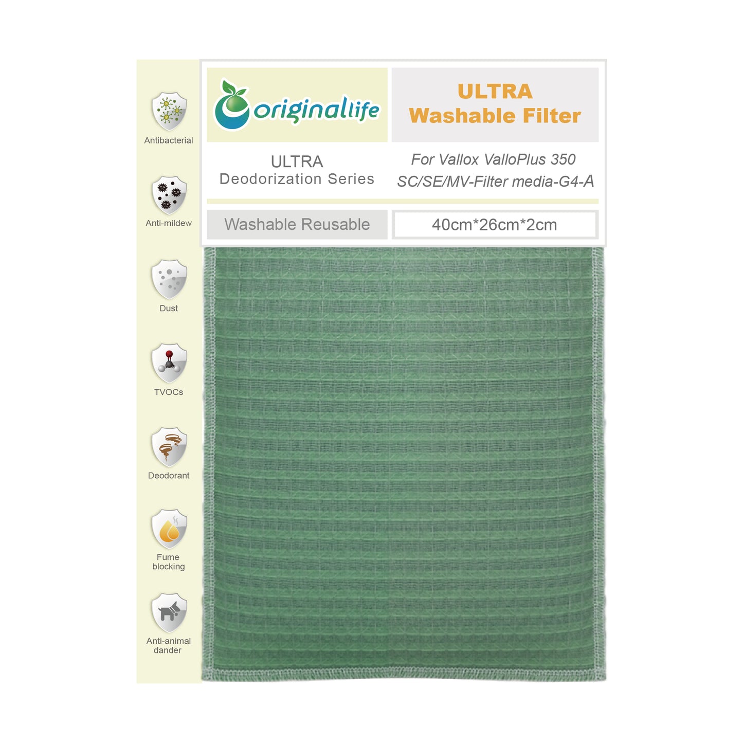 Originallife ULTRA (Grün) - Waschbarer Filter für (kontrollierte Wohnraumlüftung)Vallox ValloPlus 350 SC/SE/MV - Mediafilter - G4 - A